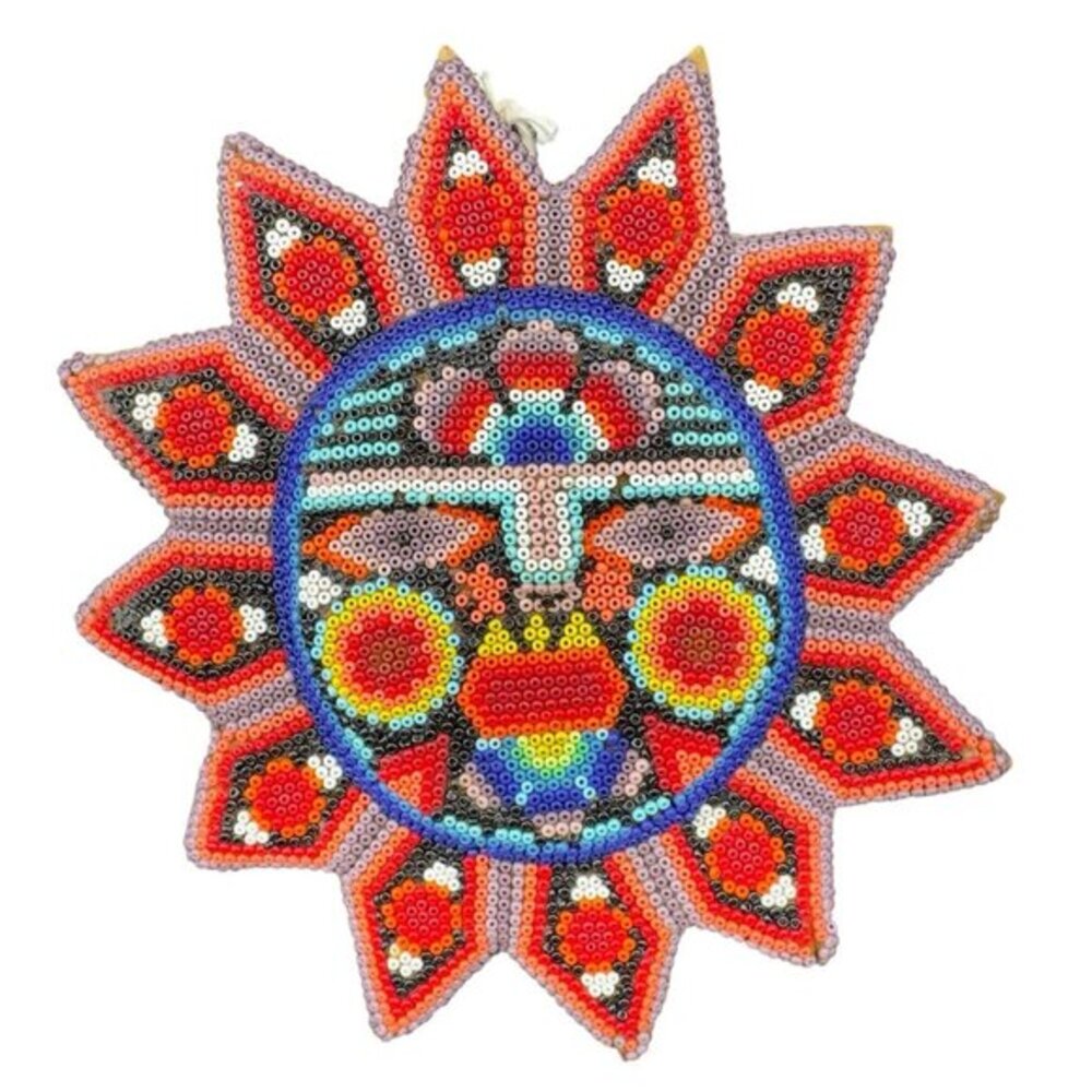 Huichol Folk Art Mexican Tribal Beadwork Sun on Wood Wall Plaque Hand Made‎ VTG